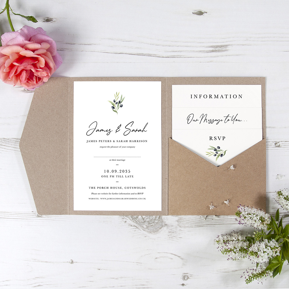 Pocketfold Wedding Invitations 'Olive Leaves OL100'